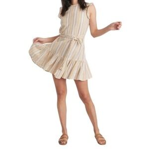 MARINE LAYER Beachy Stripe Mini Dress Linen Lyocell Tie Waist Multicolor‎ L
